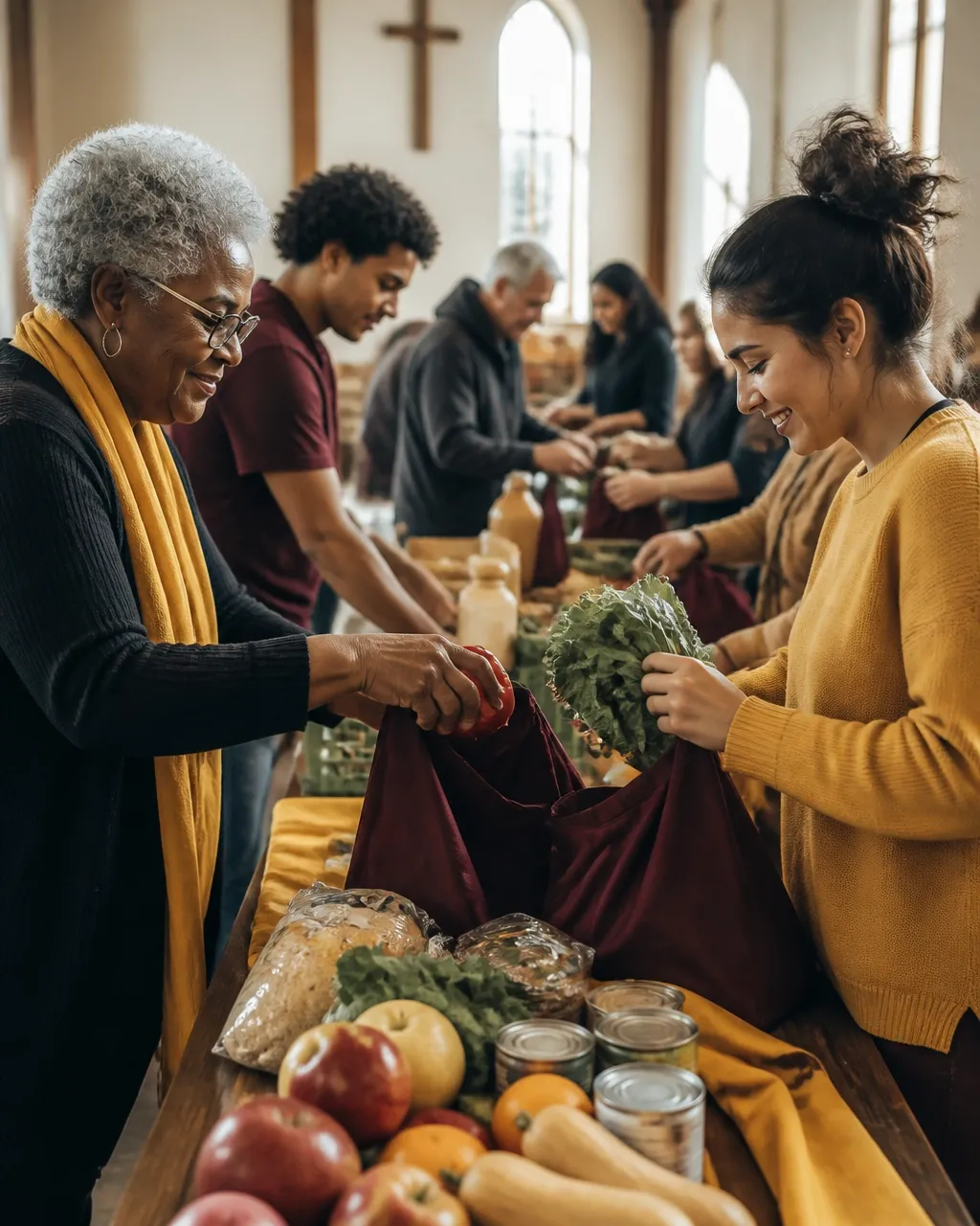 Volunteers preparing food for a community pantry
